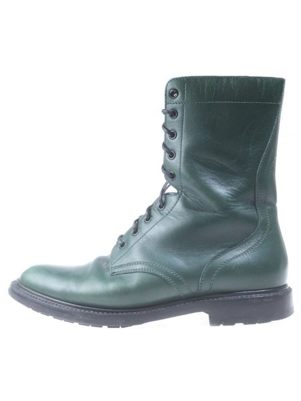 Celine Leather Side Zip Lace Up Combat Boots Green